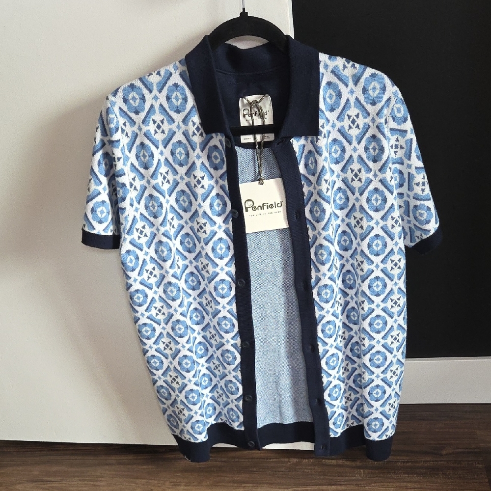 Penfield Blue and White Geometric Knit Shirt